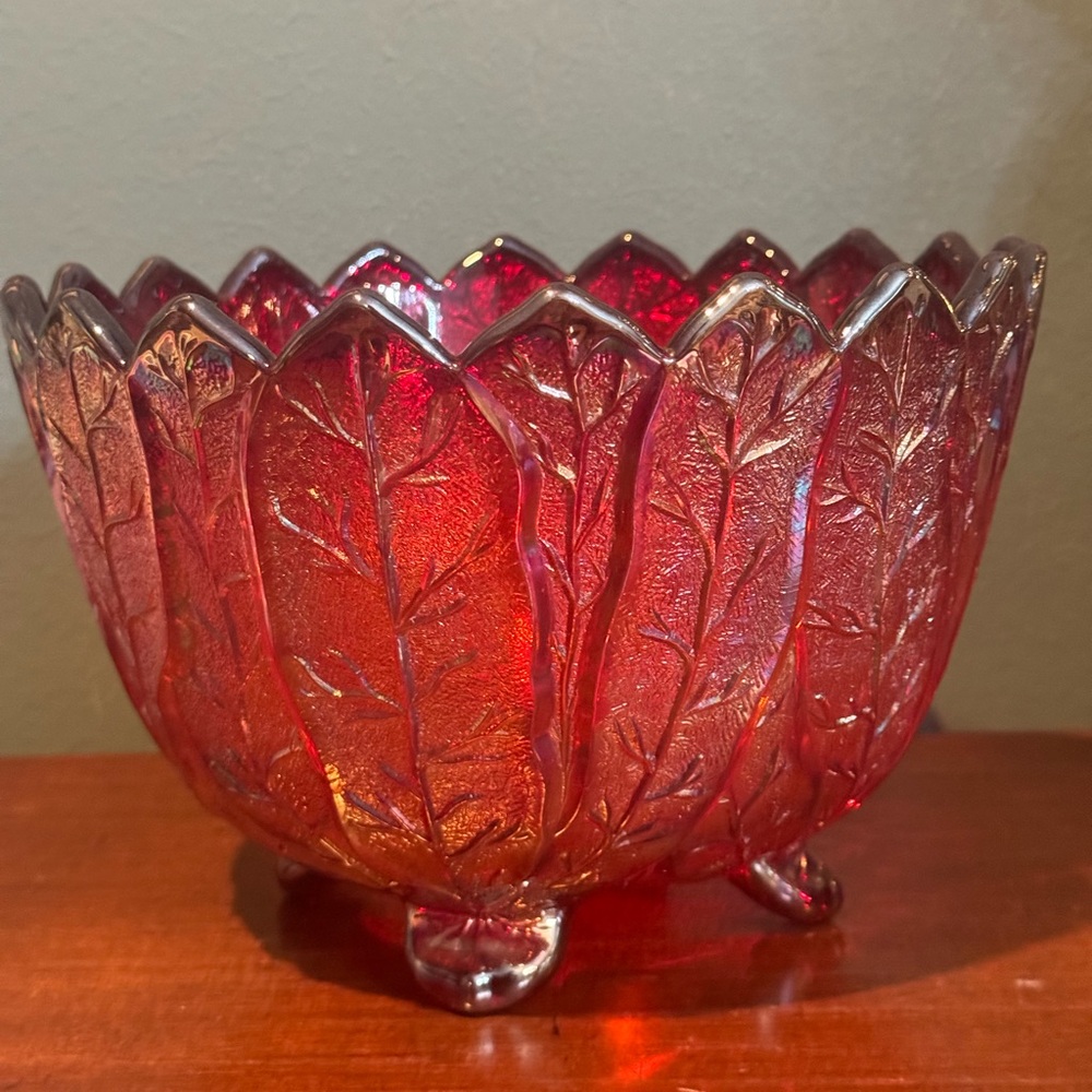 Vintage Imperial Glass Red Acanthus Leaf Footed Carnival Bowl 8.5”